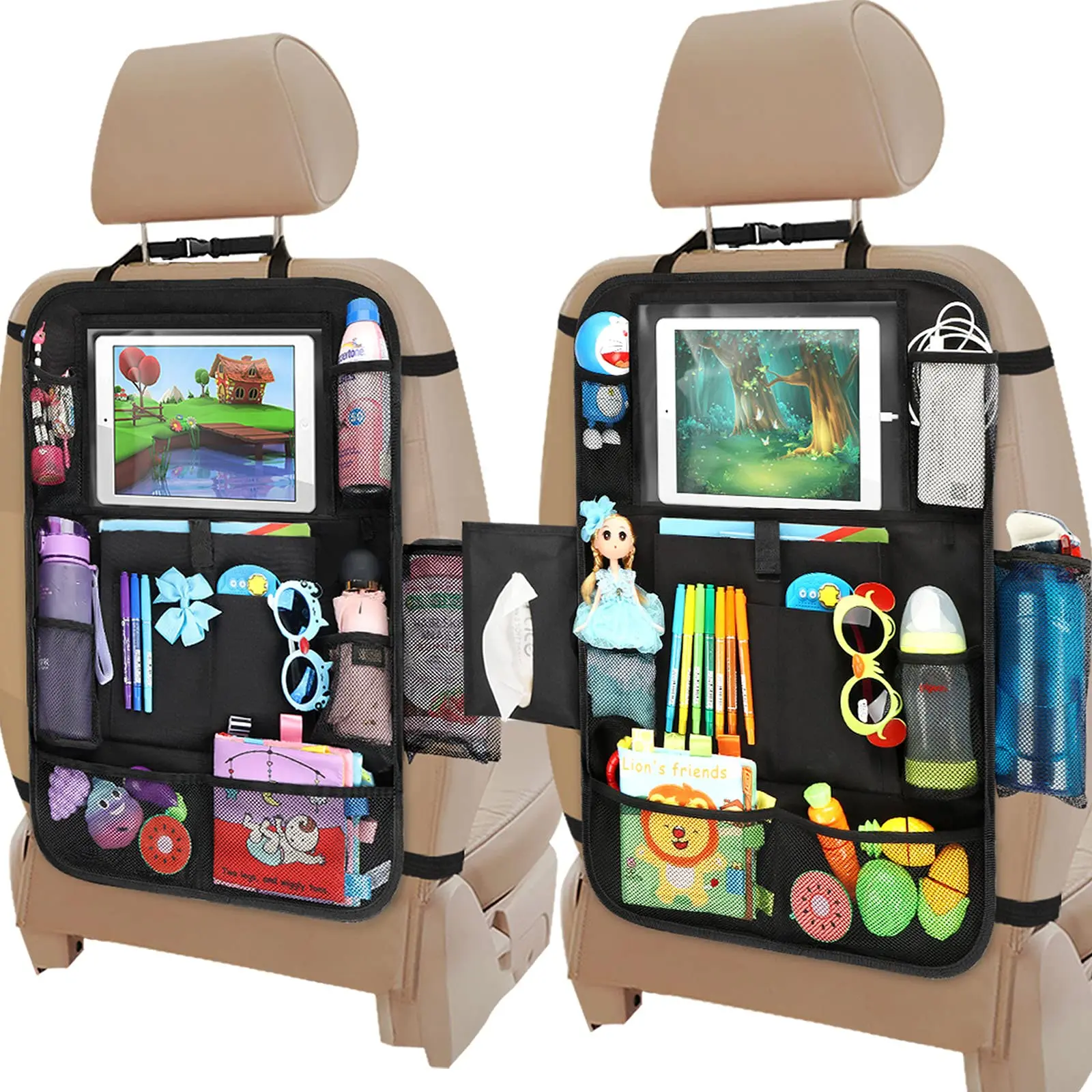 Авто органайзер за задната седалка със сензорен екран, стойка за таблет, калъф за задна седалка, предпазни подложки, джобове за съхранение, пътуване, детско пътуване