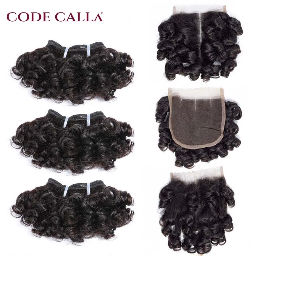 Индийски къса еластични къдрава снопчета коса с цип за Реми за изграждане на човешки косъм Код Calla 4x4 Лейси Средната част на закопчалката