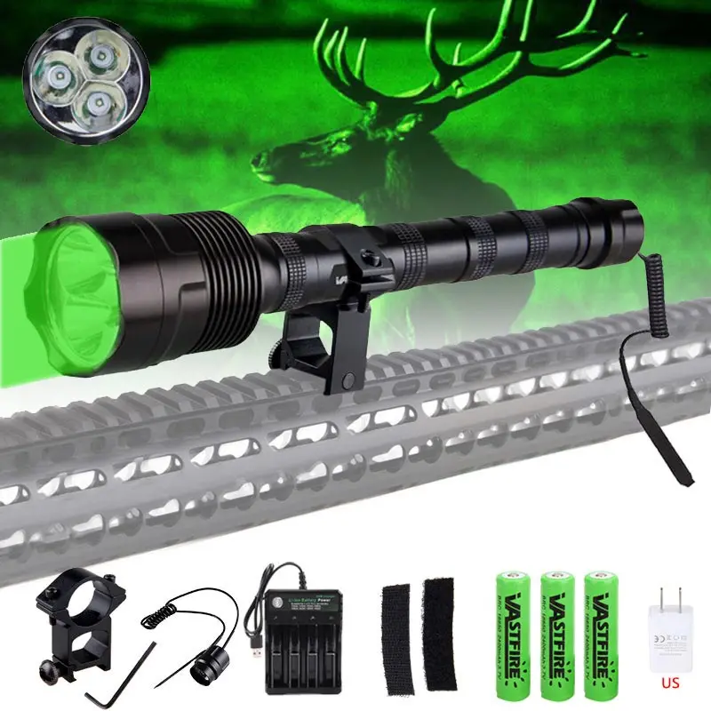 Ловен тактически led фенер за лов на батерии 18650, оръжеен фенерче, зелени светлини с прикрепен за поглед за риболов на открито, детектор
