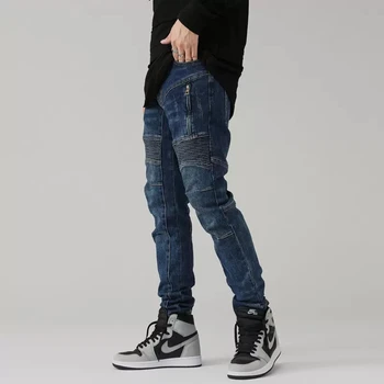 Модерни мъжки дънки в стил ретро, сини, еластични, приталенные, сращенные байкерские дънки, мъжки дизайнерски панталон в стил хип-хоп с заплатками с цип, Hombre