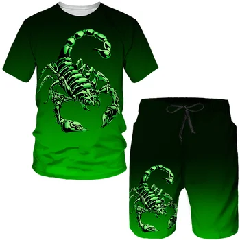 Лятна мъжка тениска с принтом под формата на Скорпион, Свободни топове с кръгло деколте и къс ръкав, Ежедневни Удобни Шорти, Комплект Дрехи от 2 теми