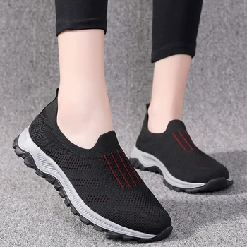 Нова мода лека дамски обувки на равна подметка без шнур за почивка 42, удобни меки маратонки от окото на материала, женски маратонки за ходене големи размери, дамски 41