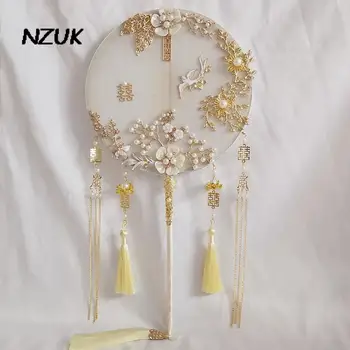 NZUK Really photo Златни сватбени вентилатор букети от прекрасни цветя, ръчно изработени, бродирани с мъниста, китайски сватбен метален кръг ръчно фен