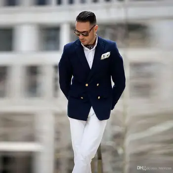 Тъмно синьо сако и бели панталони, мъжки ежедневни облекла, двубортные приталенные сватбени смокинги с назъбени ревери, без папийонка