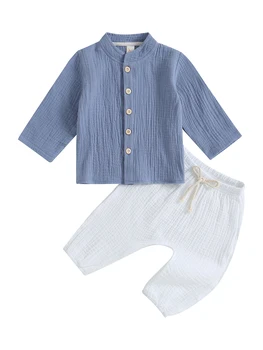 Karuedoo - Conjunto de ropa de algodón y lino Henley против botones manga larga pantalones casuales A-Blanco Azul 12-18 Meses