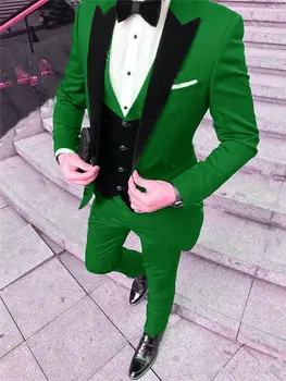 2020 Мъжки костюми Terno Masculino Slim Fit, комплект от 3 теми, Зелена Рокля-Смокинг Младоженеца с Ревера на Мъжки Костюми за Сватба (Яке + Жилетка + Панталони)