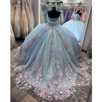 Небето-синьо закръглени Розови рокли 3D цветя с флорални апликации Дантелено бална рокля с открити рамене корсет Vestidos De XV Anos