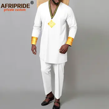 Африкански Костюми за мъже, Ризи с бродерия с V-образно деколте и дълъг ръкав и Панталони, Комплект от 2 теми, Спортен костюм Дашики, Екипировки Басейн Riche A2316033