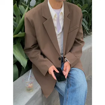 Извънгабаритни монофонични блейзър, мъжка мода, мъжки модельная яке в корейски стил, свободен ден за ден сако, мъжки офис официално сако