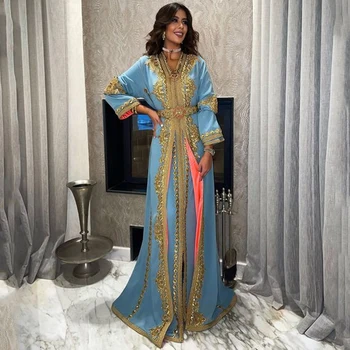 Furtanseo Изискани вечерни рокли от Мароко, Саудитска Арабия, бродирани мъниста апликации, с дълъг ръкав, V-образно деколте, вечерна рокля за абитуриентски бал