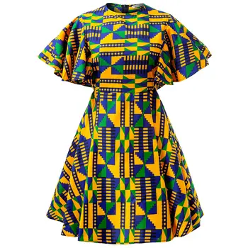 Рокли с африканските принтом за жени, нова рокля миди с къс ръкав, традиционно облекло Kente с дължина до коляното, африканска облекло за дамите