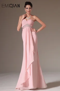 Безплатна доставка, нови вечерни рокли от розов шифон с дълбоко изрязано в стил империя, вечерни рокли