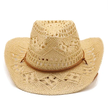 Дамски шапка с козирка за лятна шапка, солнцезащитная шапка за пътуване, западна ковбойская сламена шапка ръчна изработка, выдалбливают дизайн