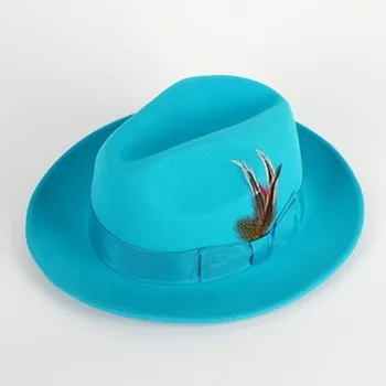 Озерно-синята фетровая шапка, модни вълнена шапка с къси полета, джаз шапка, горна фетровая шапка, мъжки и дамски джаз шапка, нова шапка с голяма периферия дамски