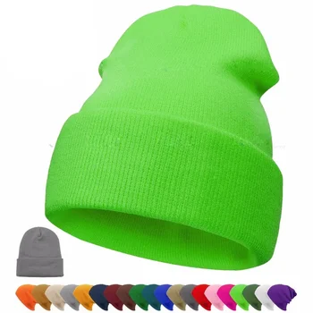 Хет-бини однотонная вязаная есенно-зимна топла ски шапка с белезници, меки вълнени шапки с черепа, шапка, мъжки и женски улични шапки