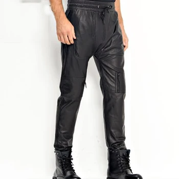 Мъжки кожени панталони мото и байкерские панталони в стил пънк-рок, свободни панталони от овча кожа WZS003