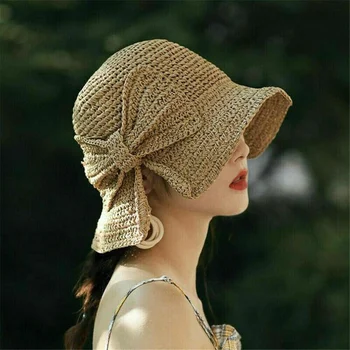 Лятна дамска сламена шапка с лък и широка периферия, гъвкави панама, женски Женски улични сгъваеми плажни слънчеви шапки, сламена шапка-кофа