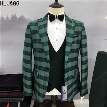 HLJ & GG Зелени мъжки костюми в клетката, сако, панталон, жилетка, комплекти от три елемента, 3 бр., висококачествен оборудвана однобортный костюм, 3 бр., съоръжения