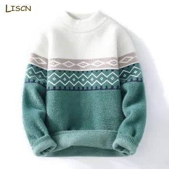 Мъжки пуловер, мъжки пуловер, нов корейски зимния моден случайни пуловер, който запазва топлина, мек вълнен плат вязаный пуловер в стил мозайка за мъже