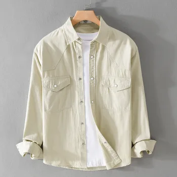9673 Пролетно-есенна мода класическа мъжка риза с дълъг ръкав, однотонная проста основна реколта блуза за тийнейджъри, ежедневни свободни потник за всеки ден