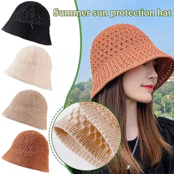 Лятна шапка от слънцето, вязаная на една кука, гъвкава сгъва шапка-кофа с купол, куха, однотонная, проста, меки плажни шапки за жени, размер H4O6