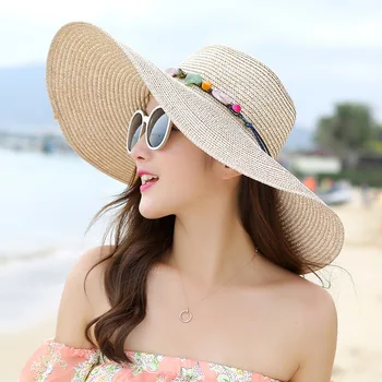 Дамска сламена шапка с широка периферия, слънчеви плажни шапки за дами и момичета UPF 50 +, регулируема презрамка, ваканция