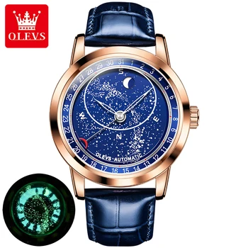 OLEVS 9923 Луксозни мъжки механични часовници с светящимся звездното небе, кожена каишка, календар, фаза на Луната, автоматични часовници, мъжки ръчен часовник