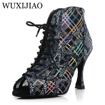 WUXIJIAO/ маркови високи обувки за латино танци, обувки с мека подметка за салса, бални дамски мрежести танцови обувки на кубински висок ток