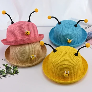 Детски сламени шапки, летни шапки за момчета и момичета, слънчеви шапки, плажни шапки, сладки шапки с участието на пчелки от карикатура, сламени шапки-кофа