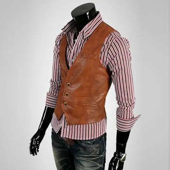 Мъжка жилетка от изкуствена кожа, корейската мода, V-образно деколте, оборудвана бизнес черно-кафяво сако, жилетка без ръкави