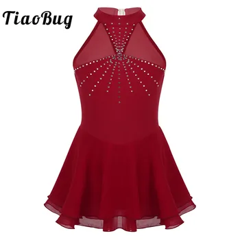 TiaoBug/ детски дрехи за момичета, блестящи кристали, сетчатое срастване, танцови без ръкави, балетное гимнастически трика, рокля за фигурата ски