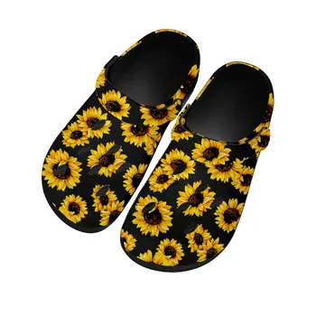 Домашни сабо с жълто цвете семки, водоустойчив обувки по поръчка, мъжки Дамски обувки за юноши, градински сабо, дишащи плажни чехли с дупки, черни
