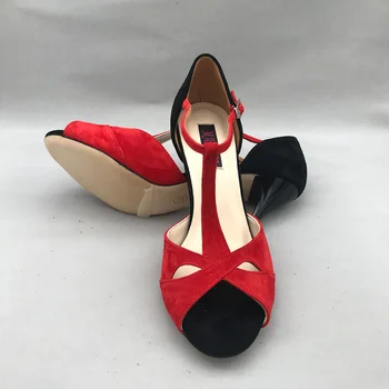 Червени обувки за танци-фламенко, Обувки за аржентинско танго, модни обувки, MST6226RBS, Кожена Твърда подметка, ток 7,5 см, ток 9 см в наличност