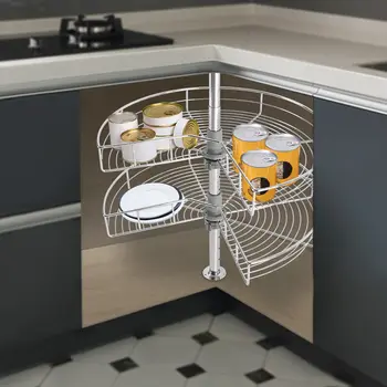 Кухненска ъглова килер, въртяща кошница, въртящи се стелажи за съхранение на 270 °, регулируема височина, 2 нива, кухненски базовия гардероб, ъглово органайзер
