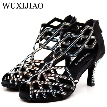 Дамски обувки WUXIJIAO, черни кристали, джаз обувки, танцови обувки на висок ток с пайети, обувки за латино танци
