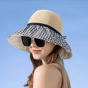 Шапка Дамски лятна солнцезащитная сламена шапка плажен аксесоар за отдих на открито, планинско Катерене и Туризъм