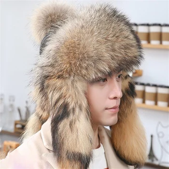 Мъжки удебелена космата кожа шапка от висококачествена кожа на миеща мечка, топла шапка Лей Фън, нова зимна луксозна капачка за защита на ушите