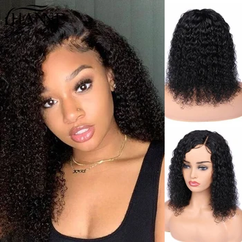 HANNE Hair Къса къдрава перуки, изработени от човешка коса на дантели отпред, бразилски перука с детски коса от двете страни за черни жени с плътност 150%