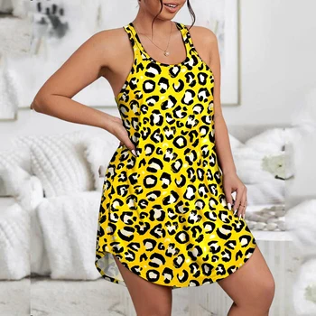 Секси мини рокля на спагети презрамки, женски секси рокля-комбинация от свободно намаляване на 0XL-4XL, обличам за сън без ръкави с леопардовым принтом, домашно облекло
