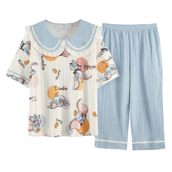 Пролет-есен пижами нов стил, дамски памучен, с тънък кукла яка, скъпа, мультяшная, с къс ръкав, комплект летни панталони-капри