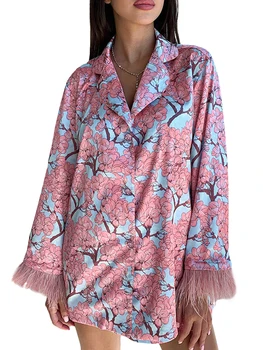 Жена пижамный комплект с флорални принтом, копчета, с дълъг ръкав, къси пижамный комплект, 2 броя, дрехи за сън, облекло за почивка