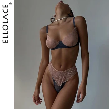 Ellolace Секси бельо, безшевни сутиени, комплект бельо от прозрачна дантела, женски комплект от 2 теми в контрастен цвят, необичайни интимни прозрачни тоалети