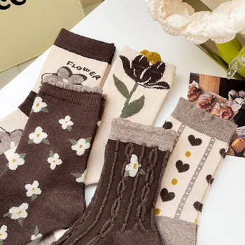 Дамски чорапи кафе цвят в японски стил, вълнен кашмир зимни дебели чорапи, дамски термоноски в ретро стил Harajuku с флорални принтом, реколта чорапи