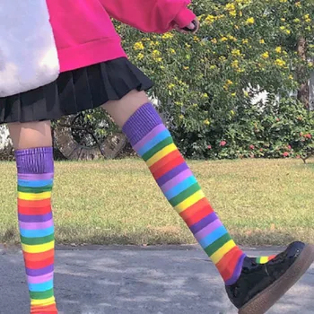 Чорапи в стил харадзюку, японски елегантни райета студентски корейски Ins, трендови дълги чорапи над коляното, красиви чорапи за краката
