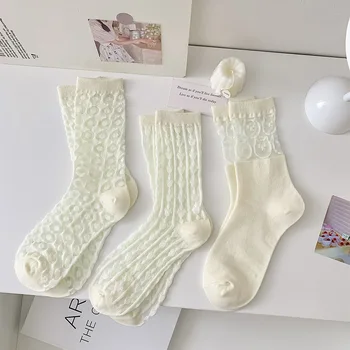3 предмет, модерни нови летни тънки прозрачни бели чорапи за жените, сладки чорапи в cartoony грах, японската Лолита JK, копринени чорапи