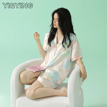 [YI & YING] Пролетно-лятна Нова Пижама от ледената коприна с къс ръкав, Дамски Пижами от изкуствена коприна, Комплект за домашно костюм, WAZC053
