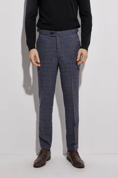2020 Фланелен панталон с белезници, тъмно синьо каре мъжки панталони бизнес панталони, изработени по поръчка фланелен панталон със странични регулировками