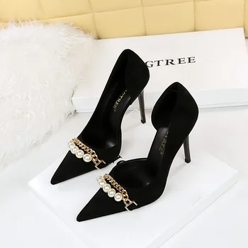 Луксозни банкетни обувки на висок тънък ток 11 см с перлената метална верига, тънки обувки, дамски официални обувки, обувки за сватба, големи 34-43