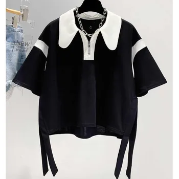 Сандро Ривърс, нова тениска поло с яка-ботуш и къси ръкави, свободни летни тънки блузи Tide Chic Design Sense, дамски блузи