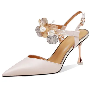 【ENMAYER】 2023 Нова Мода Дамски Обувки за партита с катарама, Дамски Сандали-Сандали от естествена Кожа с цветя Модел, Сандали на Тънък Висок Ток